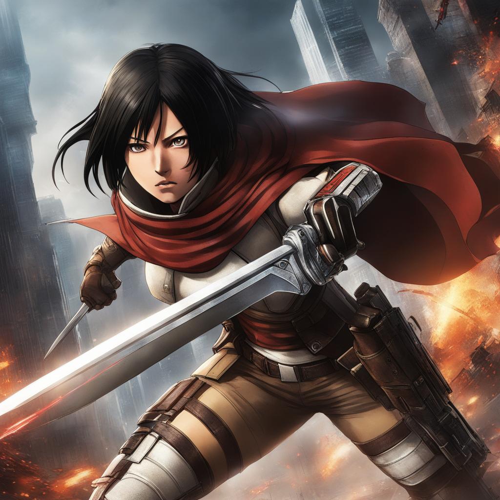 mikasa ackerman engages in intense combat with her odm gear amidst a titan-infested city. 