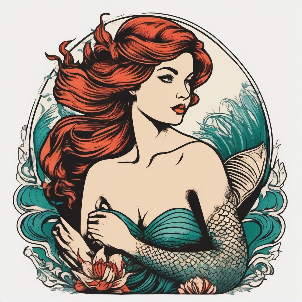 Vintage Mermaid Tattoo - Capture the charm of a bygone era with a vintage-inspired mermaid-themed tattoo.  simple vector color tattoo,minimal,white background