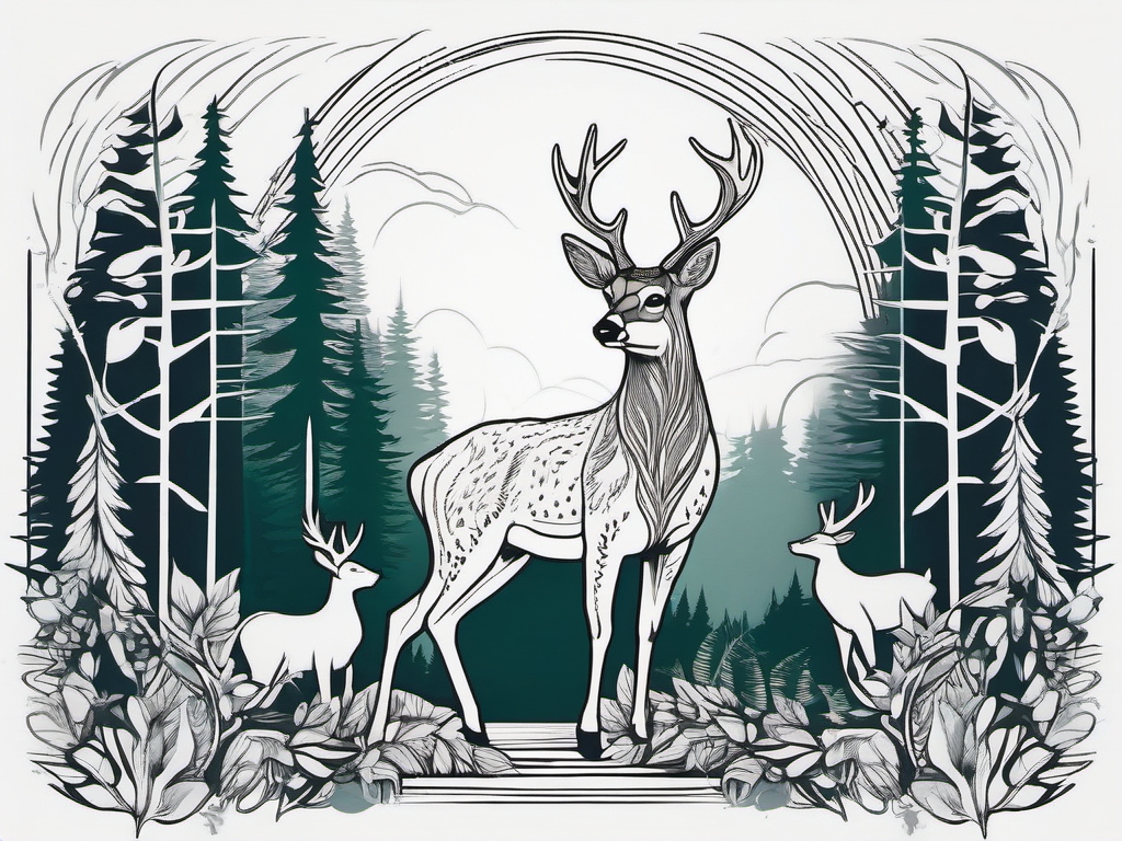 Forest Guardian - Embrace the spirit of a guardian with a tattoo featuring a deer amidst a serene forest scene.  outline color tattoo,minimal,white background