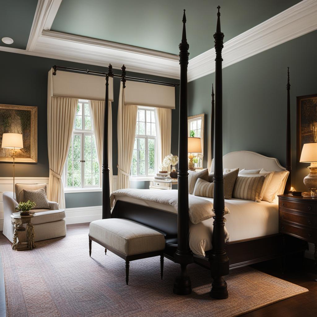 traditional bedroom with a four-poster bed and classic furnishings. 