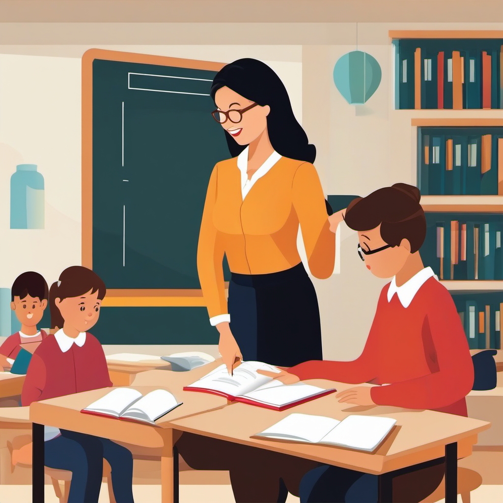 A scene portraying a teacher engaged in classroom activities.  color vector art,clipart,minimal