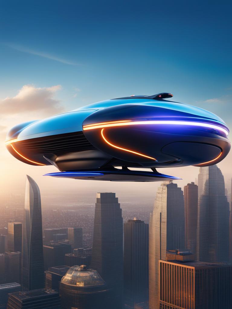 sleek hovercar with a luminescent blue undercarriage, gliding effortlessly above cityscapes. 