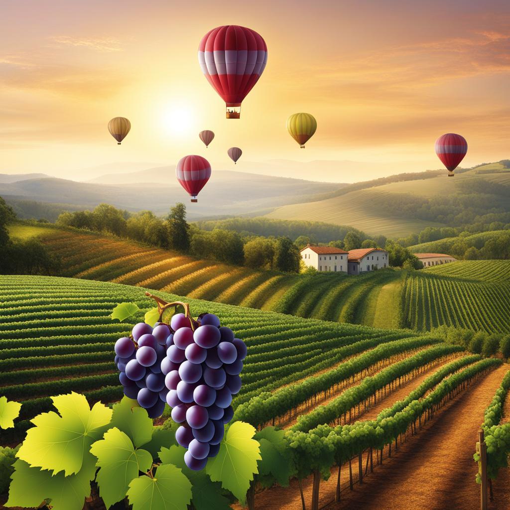 grapes clipart - bunches of grapes taking flight as hot air balloons over a scenic vineyard 