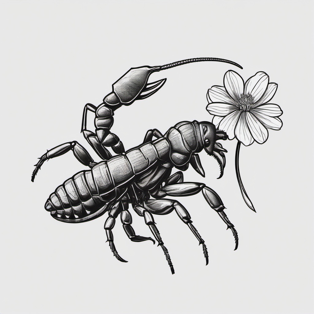 drawing of a scorpion with a flower  minimal rough sketch scribbles,doodles,black and white