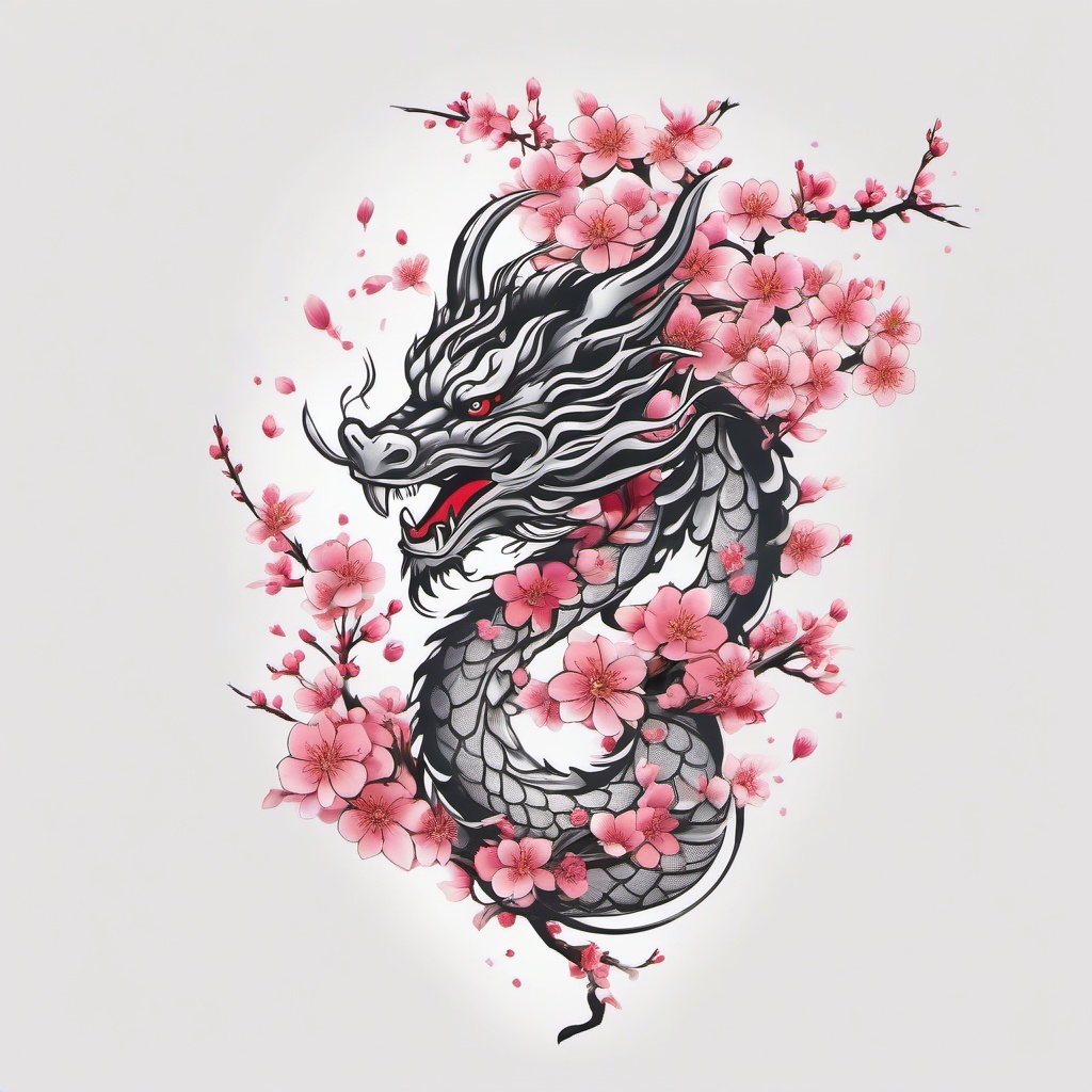 Cherry Blossom Dragon Tattoo - Mythical and powerful, combining the symbolism of dragons with the delicate beauty of cherry blossoms.  simple color tattoo,white background,minimal