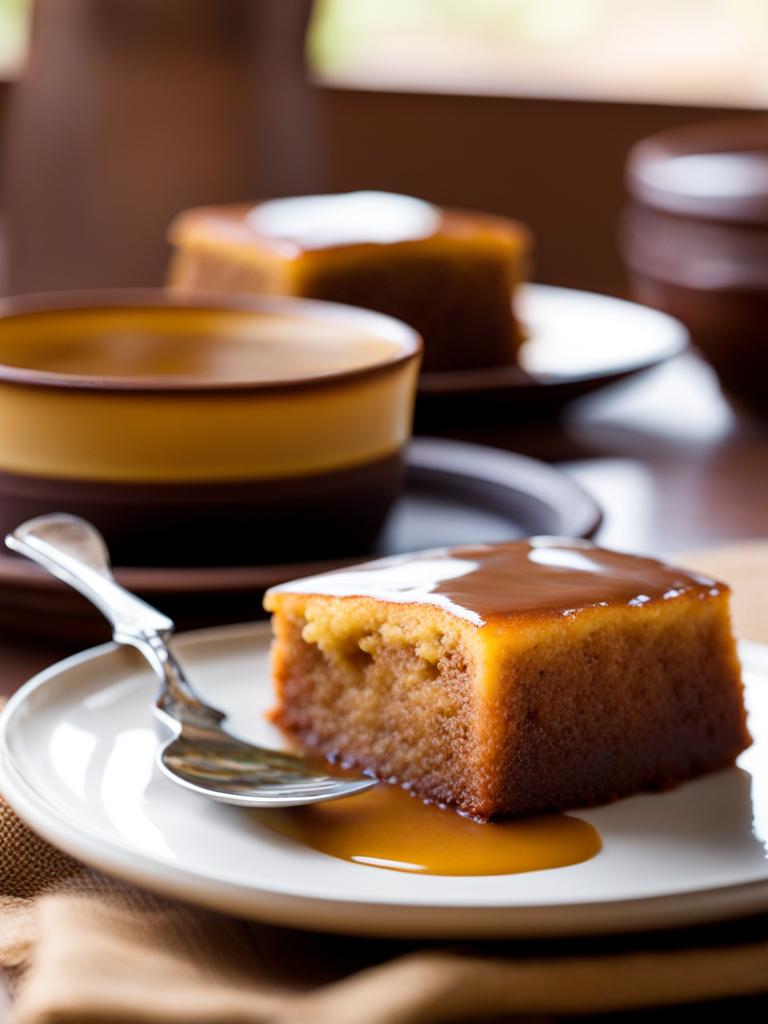 malva pudding, south african warm sponge dessert, devoured at a cozy safari lodge in kruger national park. 