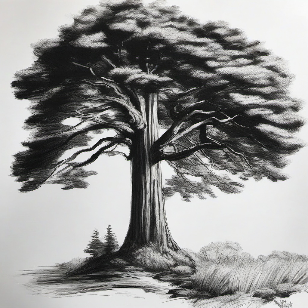 drawing of redwood tree  minimal rough sketch scribbles,doodles,black and white