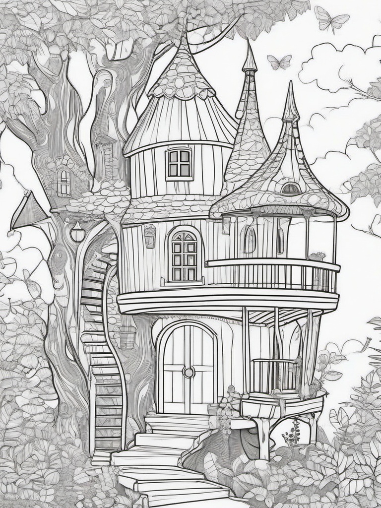 Fairy and Her Enchanted Tree House Coloring Pages - Fairy Living in a Magical Tree House  minimal black outline printable sheet, coloring page