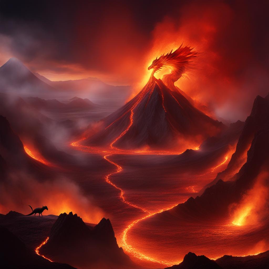 volcano dragon dwelling within the fiery caldera of an active volcano, its molten breath shaping the landscape. 