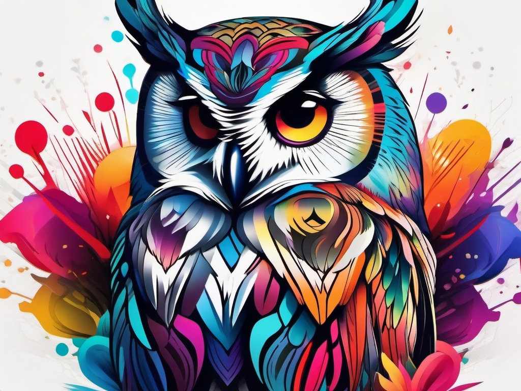 Vibrant owl tattoo surrounded by color, like music.  color tattoo style, minimalist design, white background