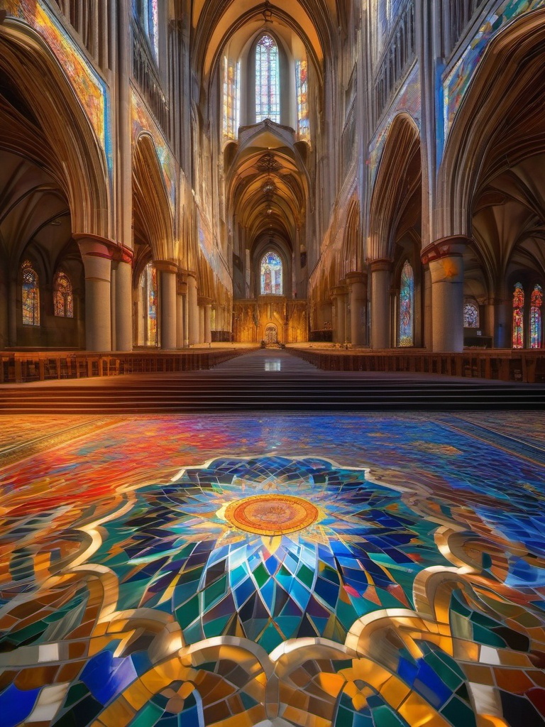 Vivid mosaic, adorning the floor of a cathedral, tells the stories of a divine journey, where faith and art merge to create a spiritual masterpiece. hyperrealistic, intricately detailed, color depth,splash art, concept art, mid shot, sharp focus, dramatic, 2/3 face angle, side light, colorful background