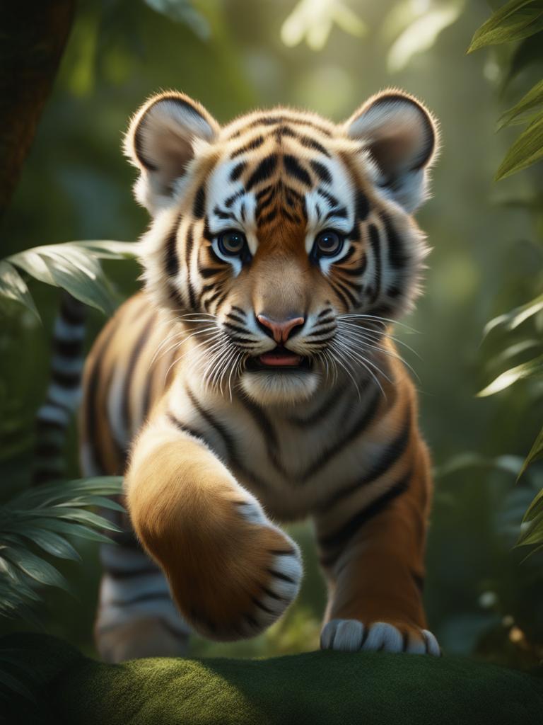 tiger cub pouncing playfully in a dense jungle 8k ultrarealistic cinematic 