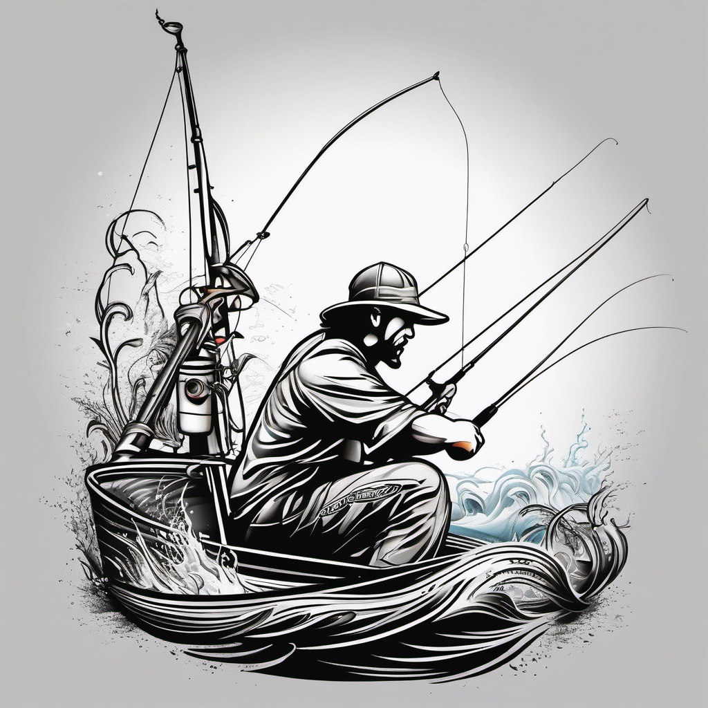 Fisherman Tattoo,a tribute to fishing enthusiasts, this tattoo captures the thrill and passion of the sport. , color tattoo design, white clean background