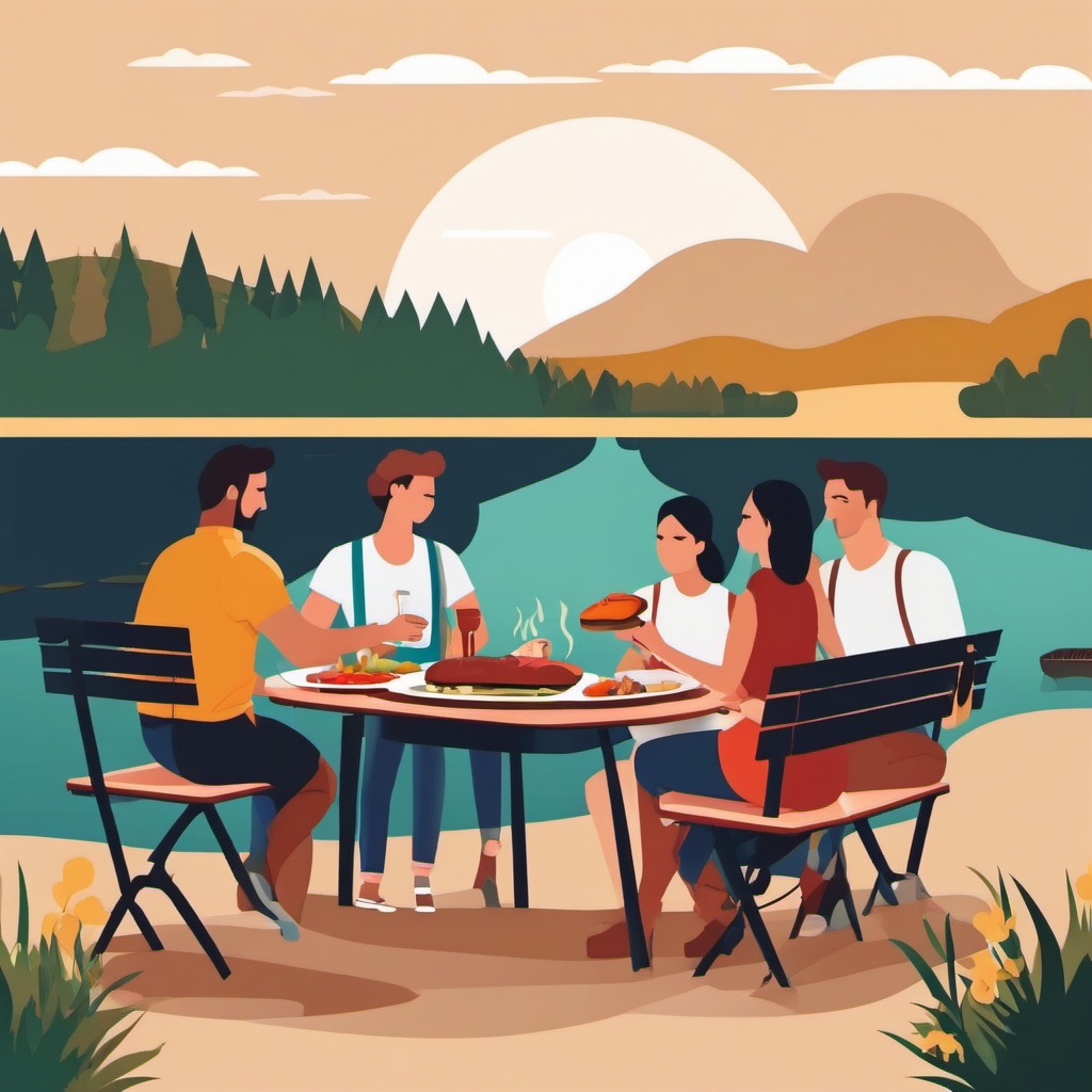 Lakeside Barbecue clipart - Friends having a barbecue by the lake., ,vector color clipart,minimal