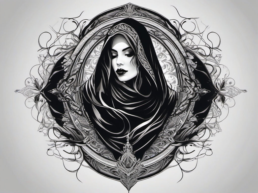 Veil of shadows descends, leaving a deathly shroud mark.  black and white tattoo style