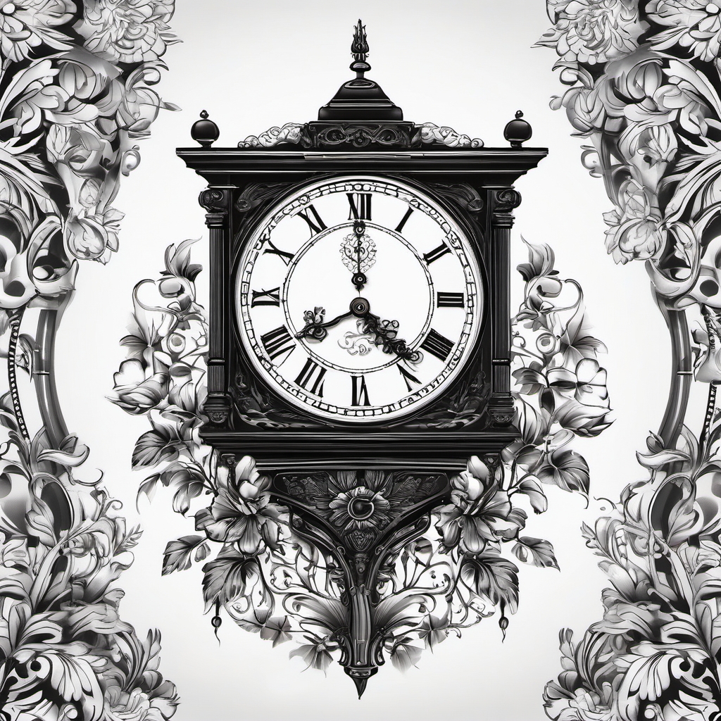 Grandfather clock design: Majestic and classic, capturing the essence of tradition.  black white tattoo, white background