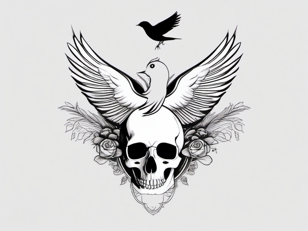 Skull With Bird Tattoo - Bird with skull  minimal tattoo design, white background