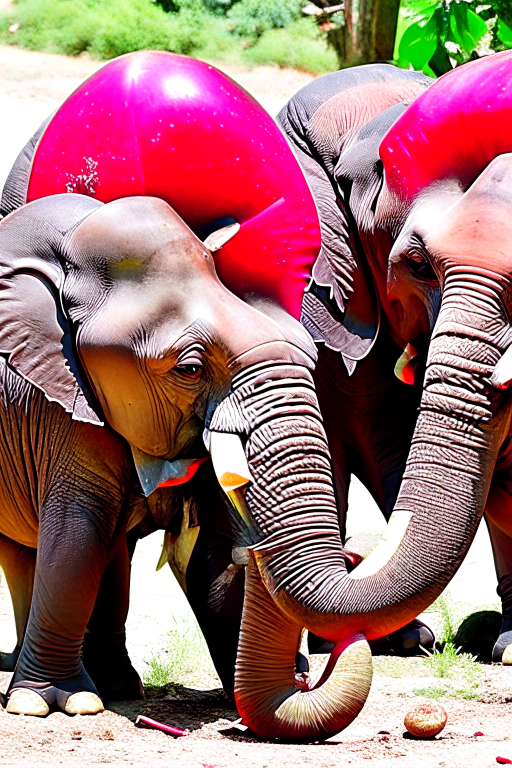 elephants participating in a watermelon-eating contest, getting messy and giggling with each bite. 