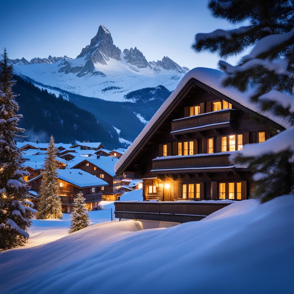 swiss chalets, with cozy interiors, nestle in the snow-capped swiss alps. 