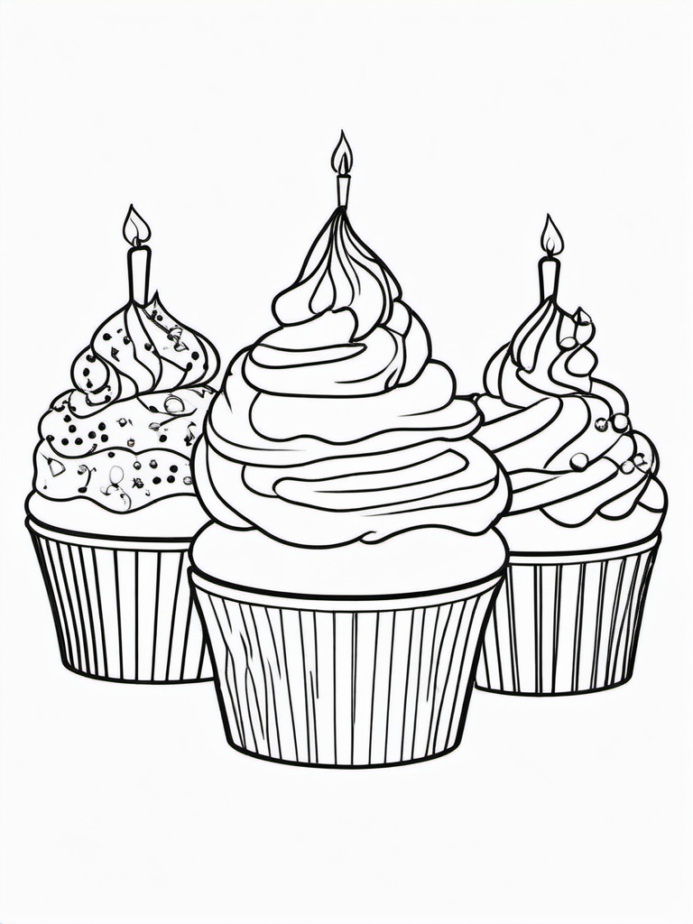 Birthday Cupcakes Coloring Pages - Sweet Cupcakes with Frosting and Sprinkles  minimal black outline printable sheet, coloring page