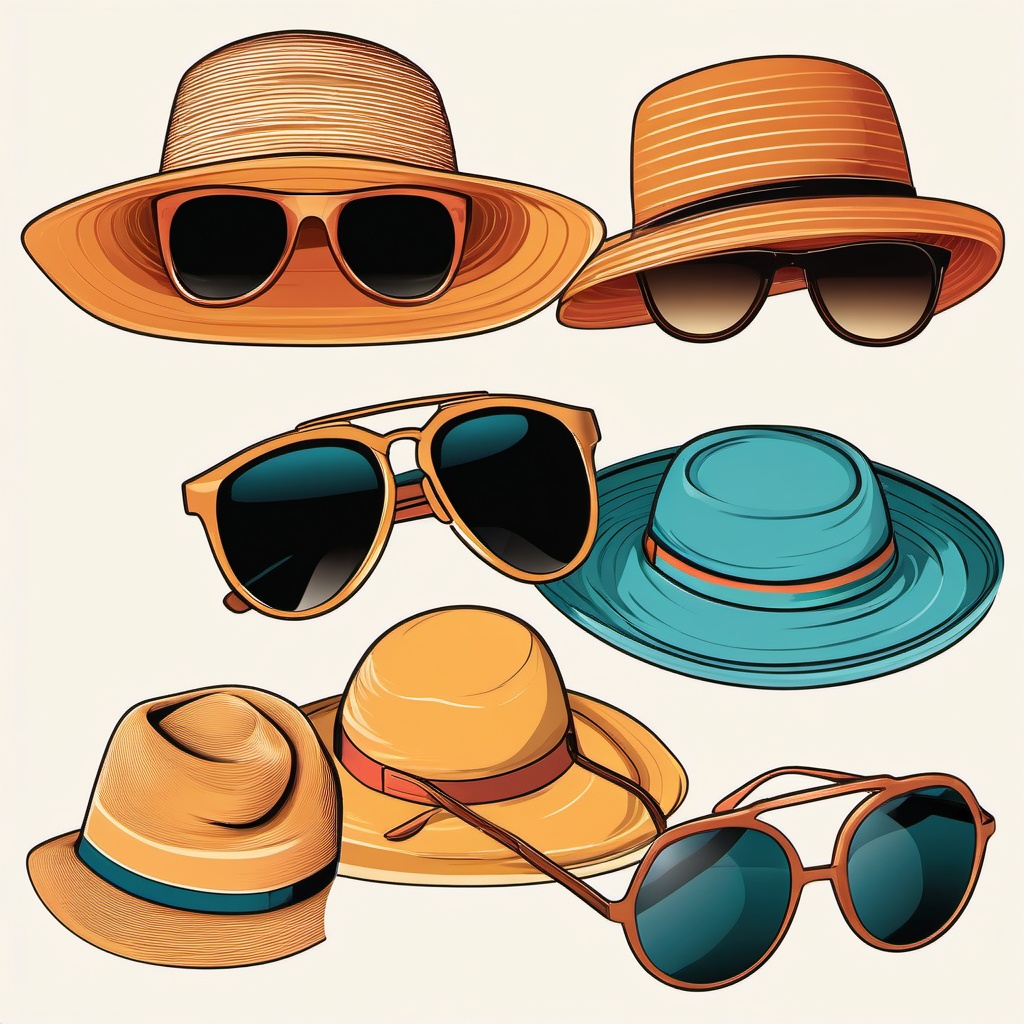 Sun Hat and Stylish Sunglasses for Sun Protection Clipart - A chic sun hat and fashionable sunglasses for sun protection and style.  color clipart, minimalist, vector art, 