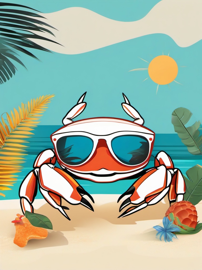 Crab clipart - crab with sunglasses on a tropical beach  color,minimalist,vector clipart