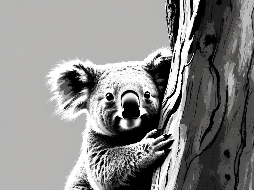 drawing of a koala peeking out from behind a tree  minimal rough sketch scribbles,doodles,black and white