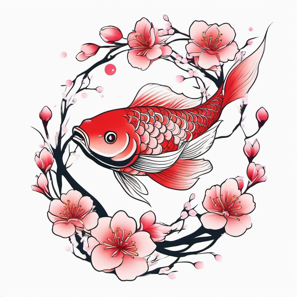 Cherry Blossom Koi Fish Tattoo - Elegant and symbolic, featuring koi fish swimming amidst cherry blossoms.  simple color tattoo,white background,minimal