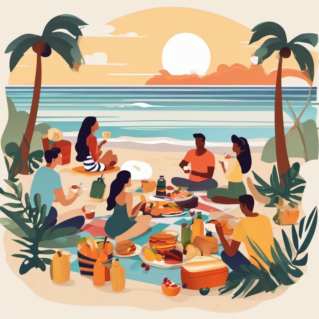 Beach Picnic with Friends clipart - Picnic with friends on the shore, ,vector color clipart,minimal