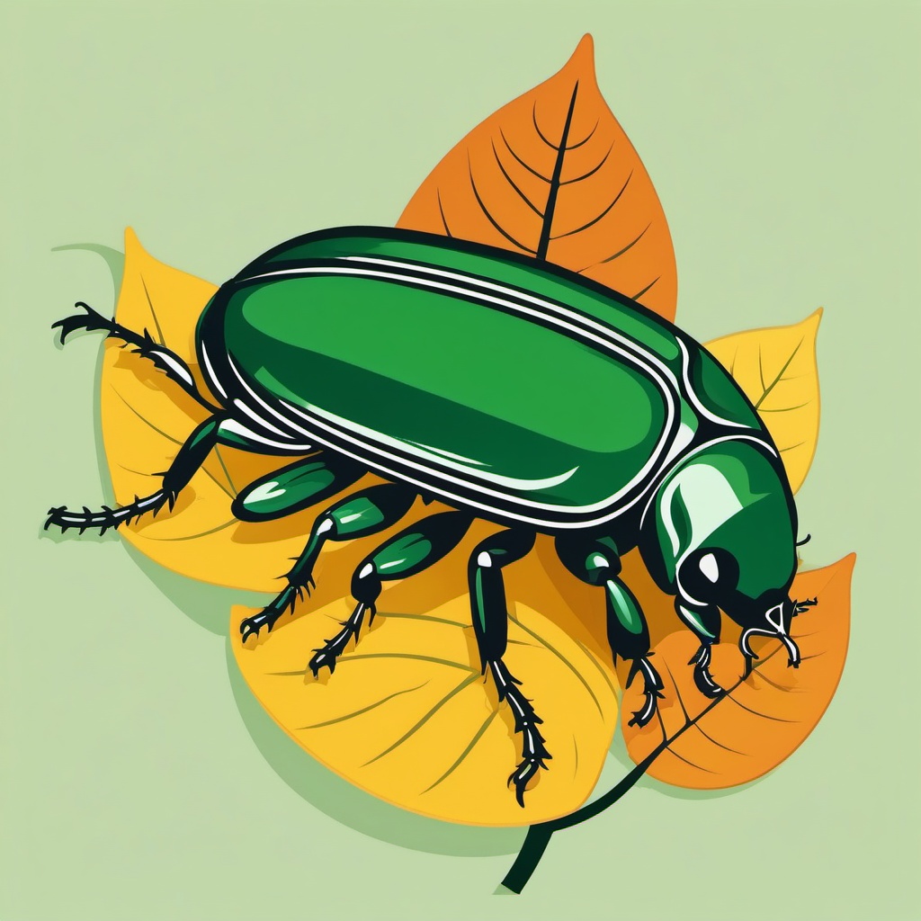 Resting Beetle on a Leaf Clip Art - Beetle resting comfortably on a green leaf,  color vector clipart, minimal style