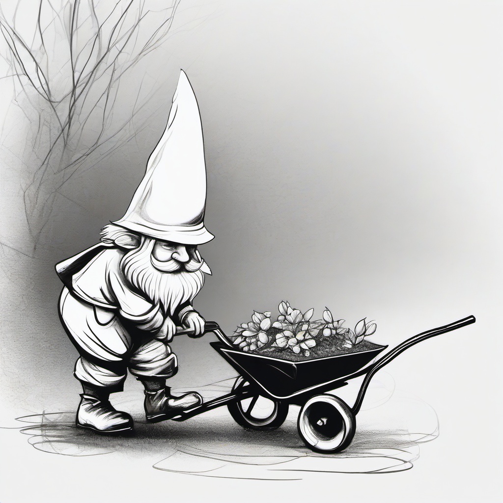 drawing of a gnome with a wheelbarrow  minimal rough sketch scribbles,doodles,black and white