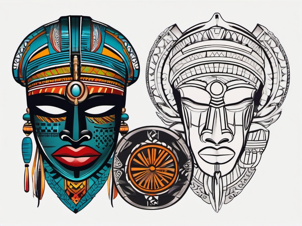 African Tattoo-Mask and drum tattoo, symbolizing traditional African art and music. Colored tattoo designs, minimalist, white background.  color tattoo style, minimalist, white background