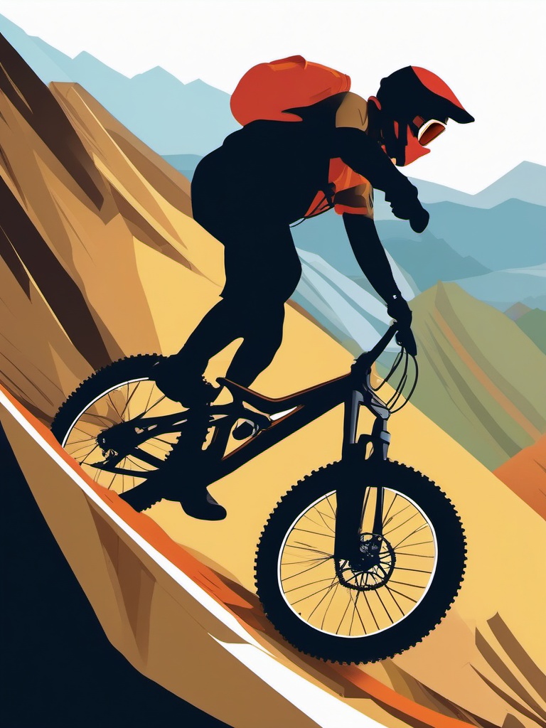 Mountain Biking Downhill Jump Clipart - A mountain biker making a downhill jump.  color vector clipart, minimal style