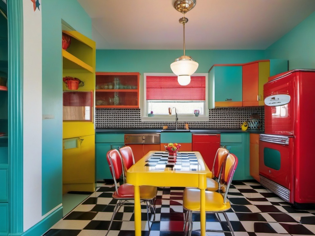 Retro kitchen features colorful appliances, a retro dining set, and checkerboard flooring that evokes a fun, nostalgic vibe.  