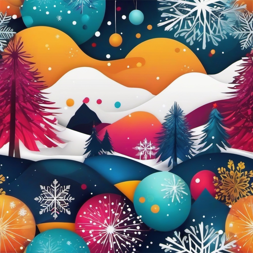 Christmas Background - Festive Decorations and Snowy Landscape wallpaper splash art, vibrant colors, intricate patterns