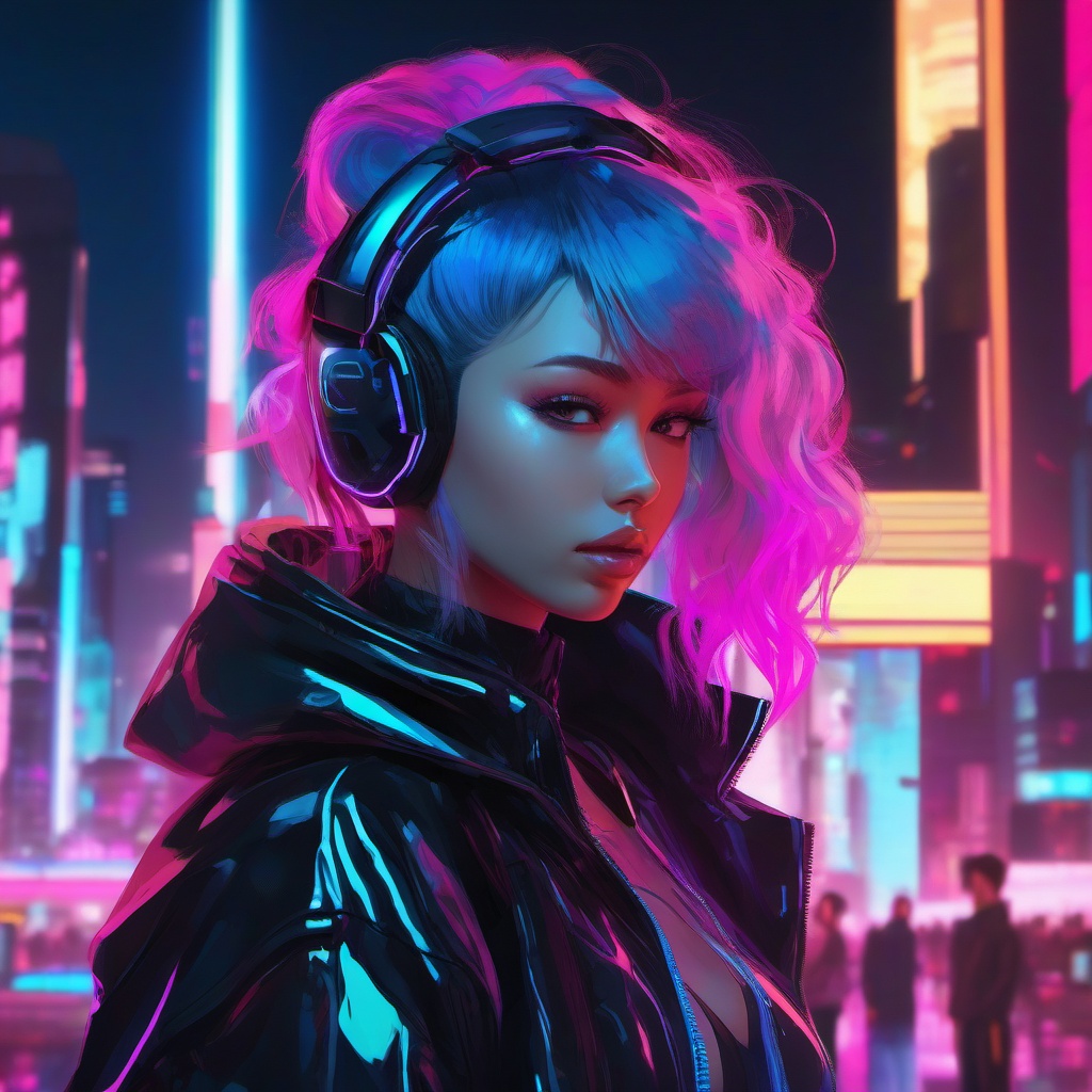 Futuristic cyberpunk character in a neon cityscape. , aesthetic anime, portrait, centered, head and hair visible, pfp