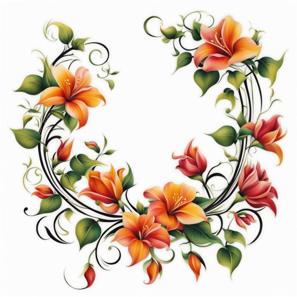 Floral vine tattoo, Elegant tattoos featuring vines adorned with floral elements.  vivid colors, white background, tattoo design