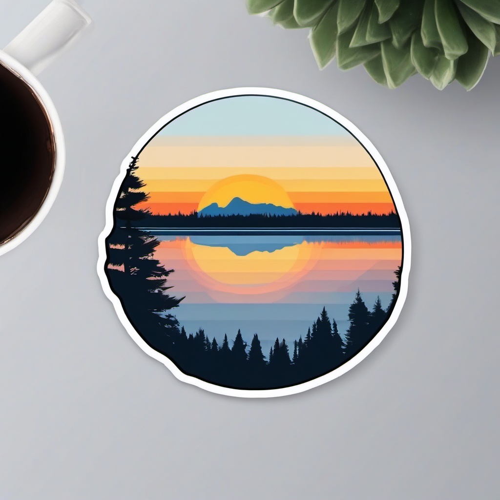 Sunrise over a frozen lake sticker- Icy and serene, , sticker vector art, minimalist design