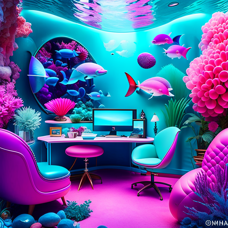 underwater wonderland office with coral-inspired furniture and a mermaid mural. 