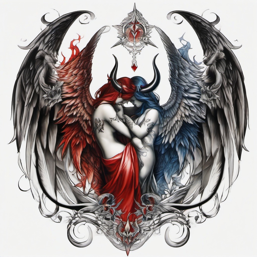 Half Angel Half Devil Tattoo-Intriguing and symbolic tattoo featuring both angel and devil elements, capturing themes of duality and balance.  simple color tattoo,white background
