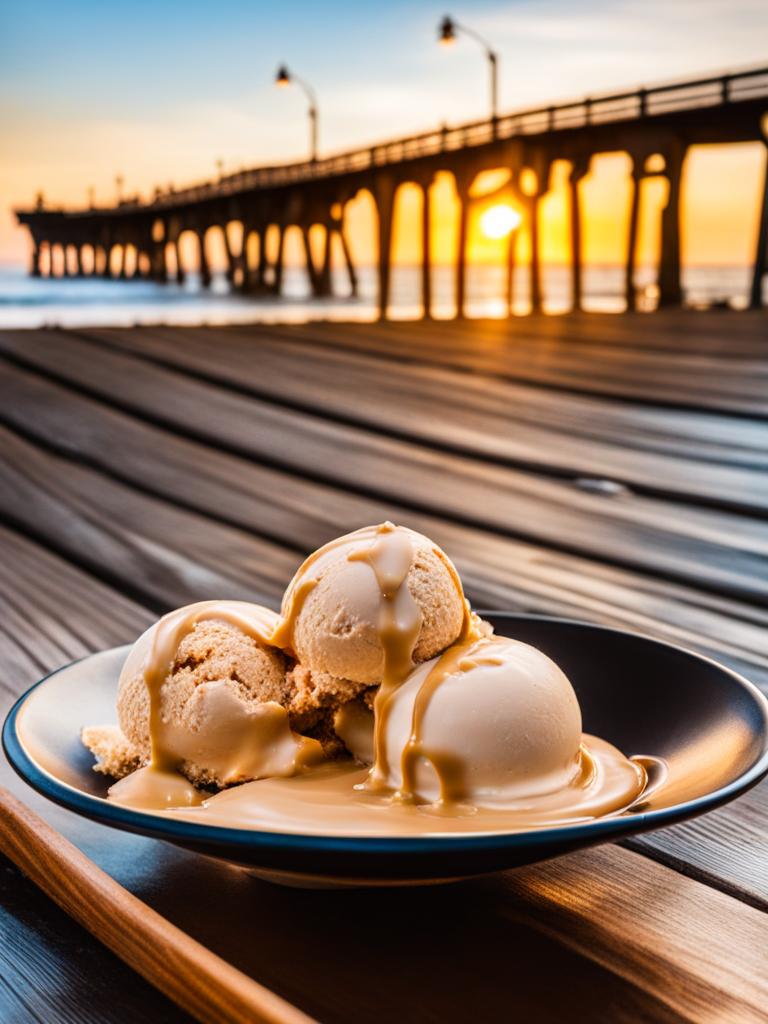 salted caramel ice cream savored on a coastal boardwalk with crashing waves. 