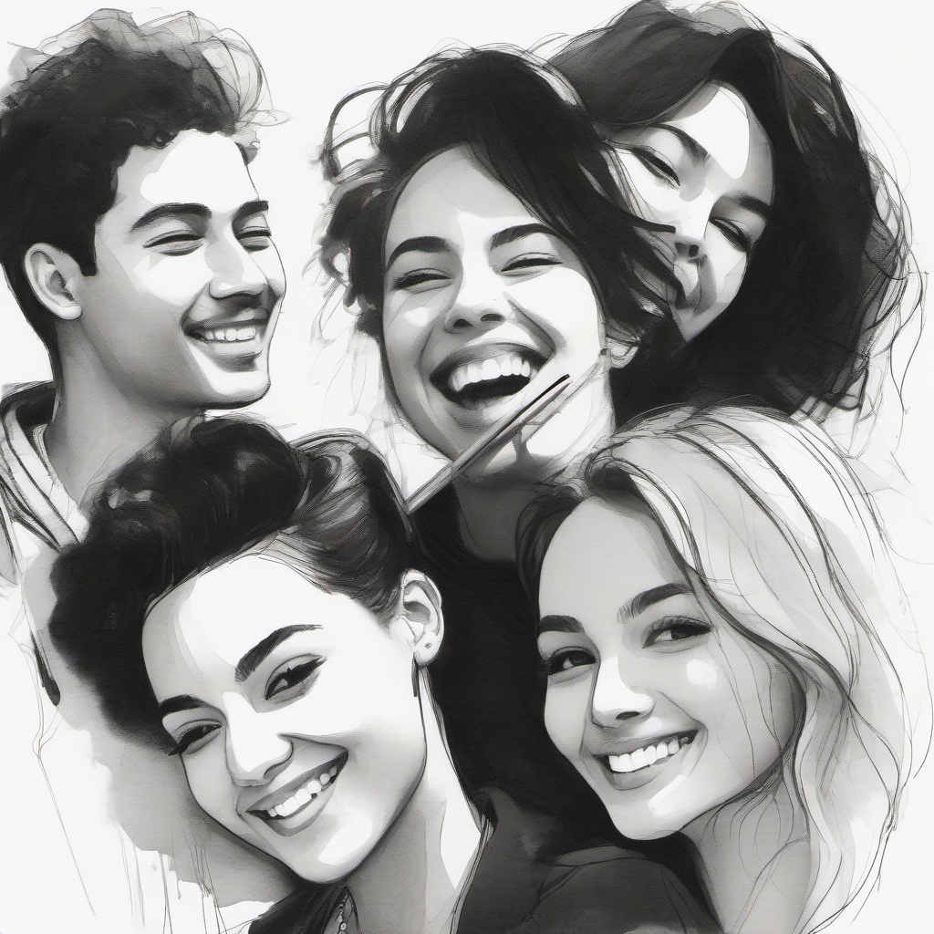 drawing of a group of friends smiling  minimal rough sketch scribbles,doodles,black and white