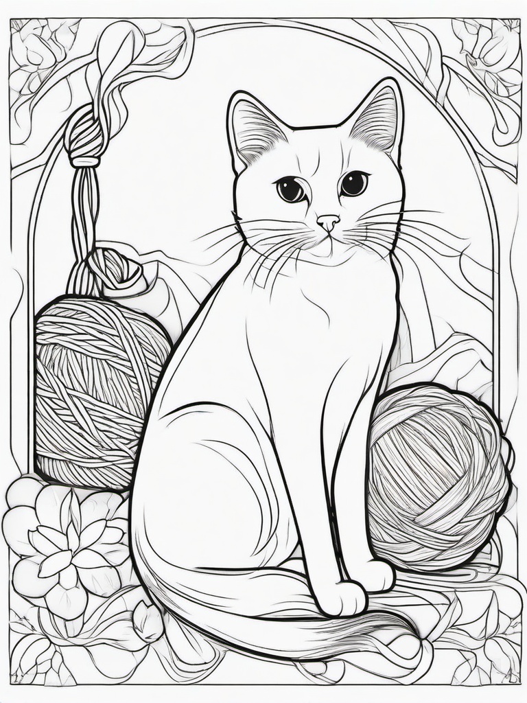 Cat with Yarn Coloring Pages - Playful Kitty Entangled in Yarn  minimal black outline printable sheet, coloring page