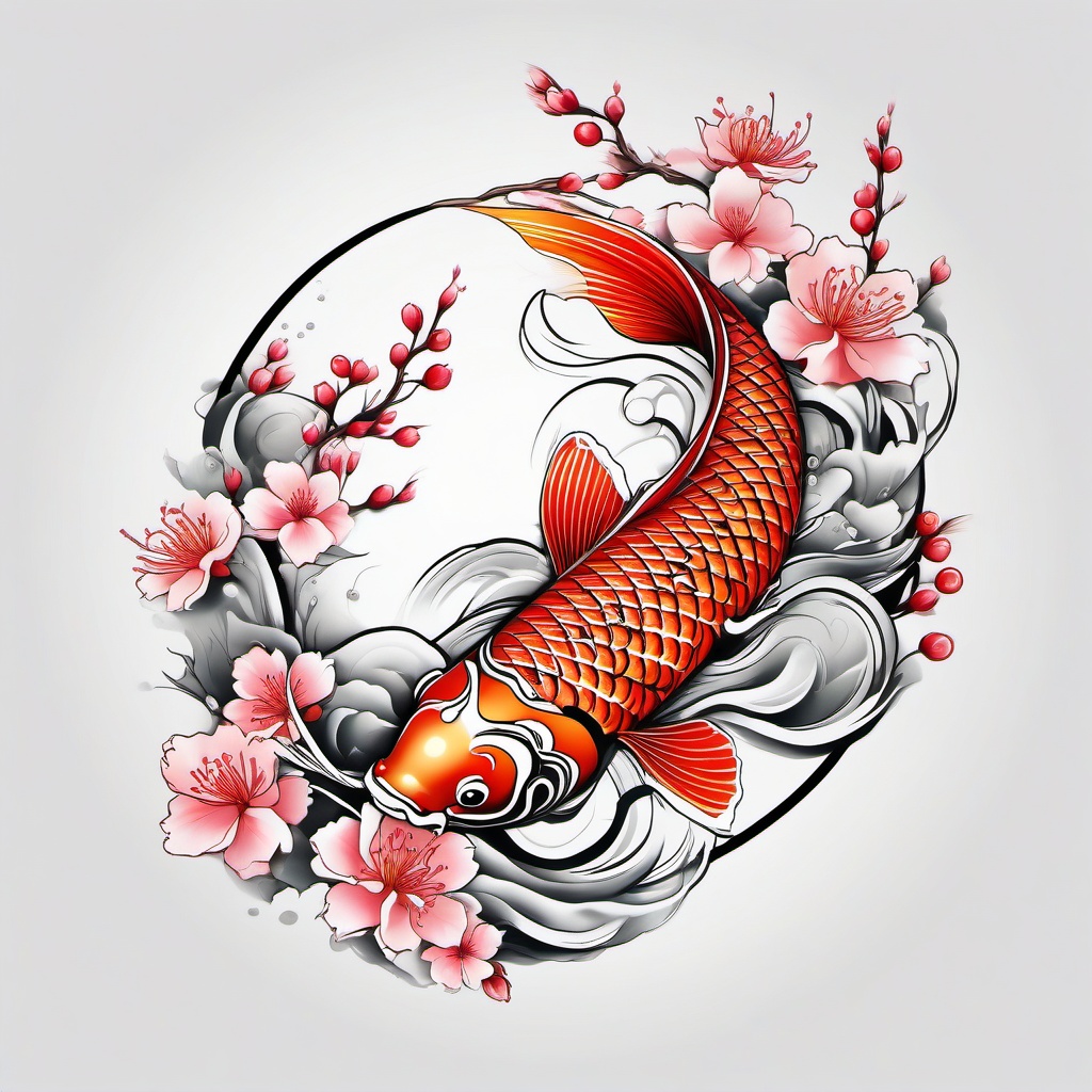 Koi Fish and Cherry Blossom Tattoo,a harmonious tattoo uniting koi fish and cherry blossoms, symbolizing transformation and beauty. , color tattoo design, white clean background