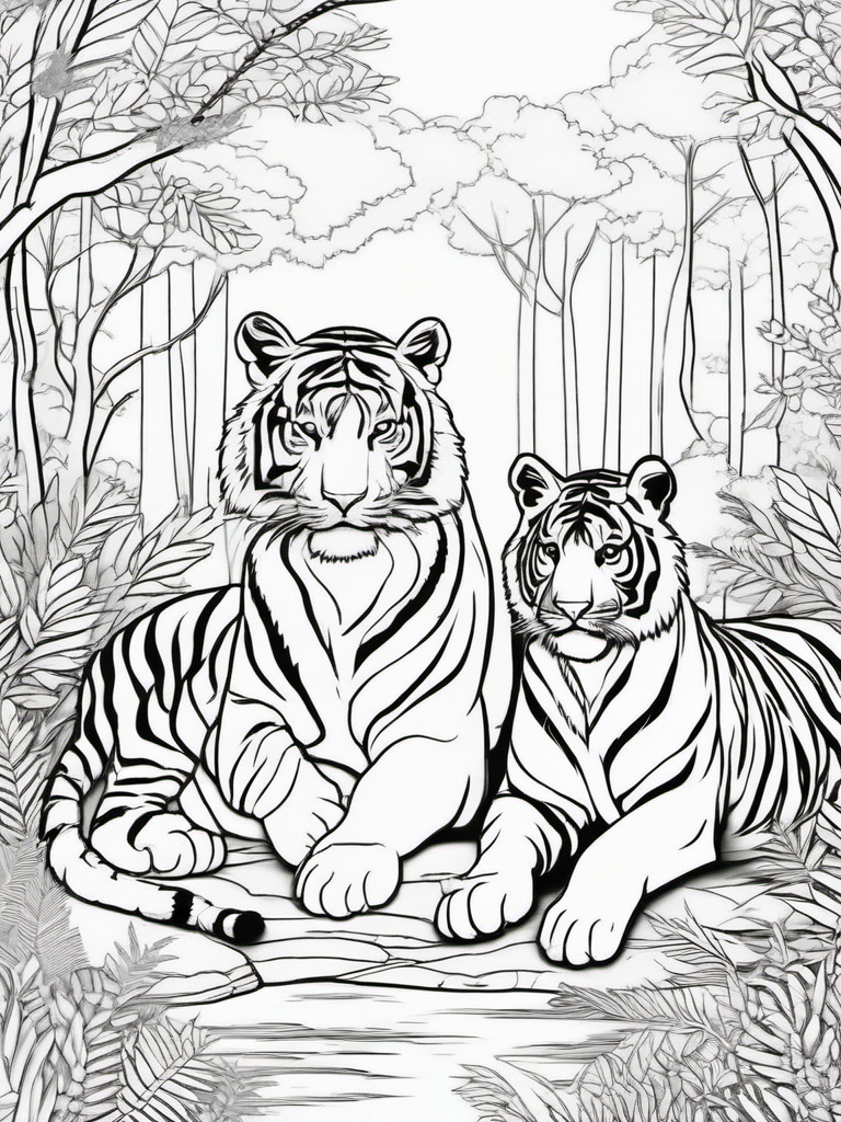 Tiger Coloring Pages - Tiger family enjoying a serene forest  simple coloring pages