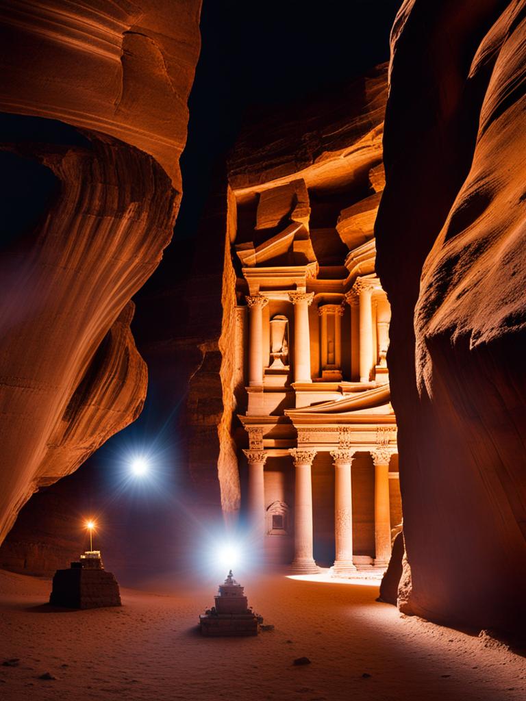 petra, jordan - capture the ancient wonder of petra, with its intricate rock-cut architecture and narrow siq under the moonlight. 