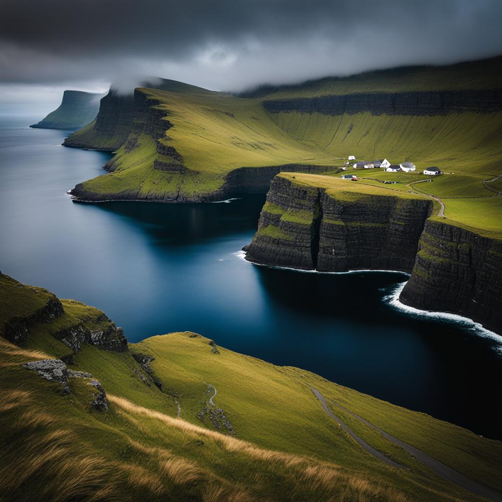 faroe islands, denmark - craft a scene of rugged and remote landscapes in the faroe islands, where misty cliffs meet the north atlantic ocean. 