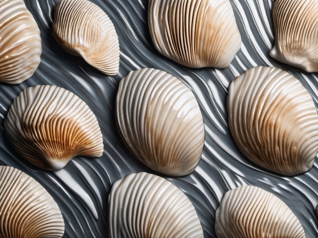 Porcelain tiles mimicking seashell textures with a glossy glow top view, product photoshoot realistic background, hyper detail, high resolution