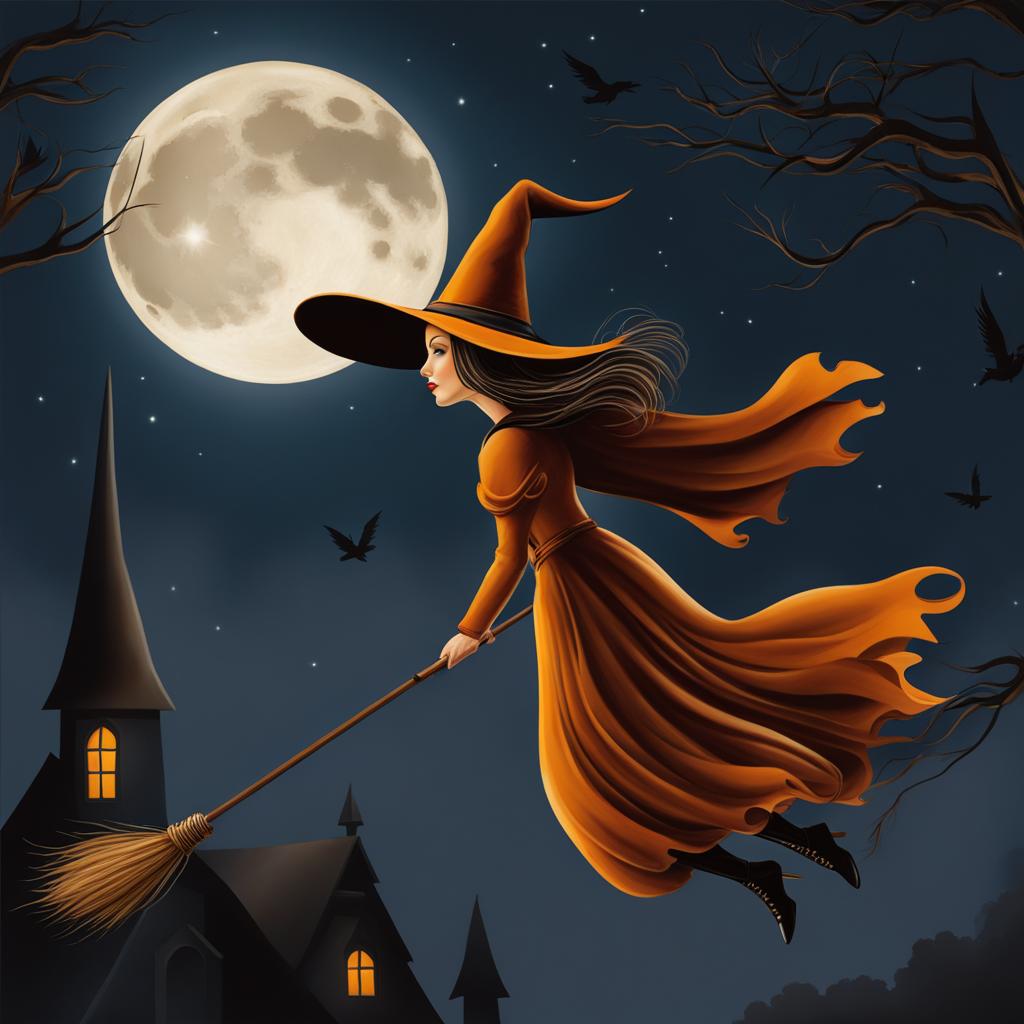 witch's midnight flight - paint a witch taking flight on her broomstick under the light of a full moon. 