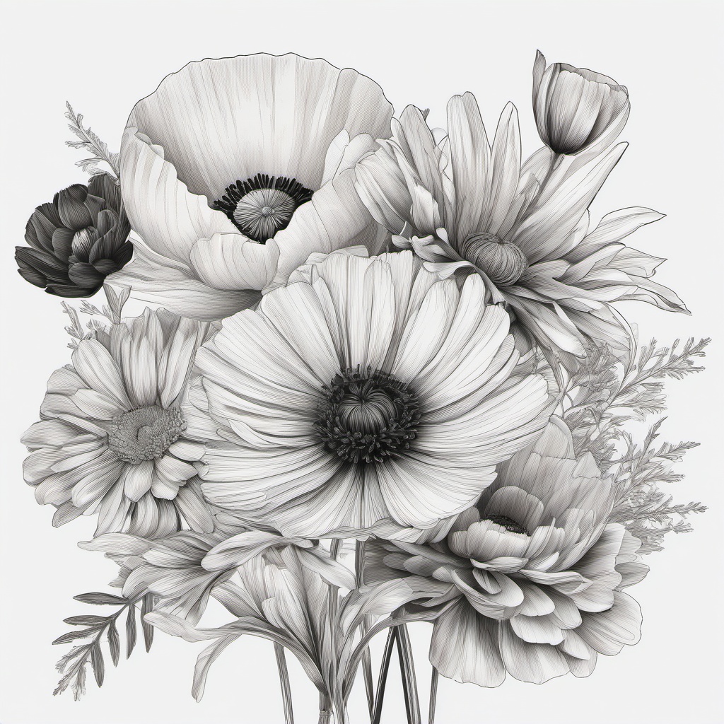 Black and white Poppy, Daisy, chrysanthemum bouquet draw in pencil style